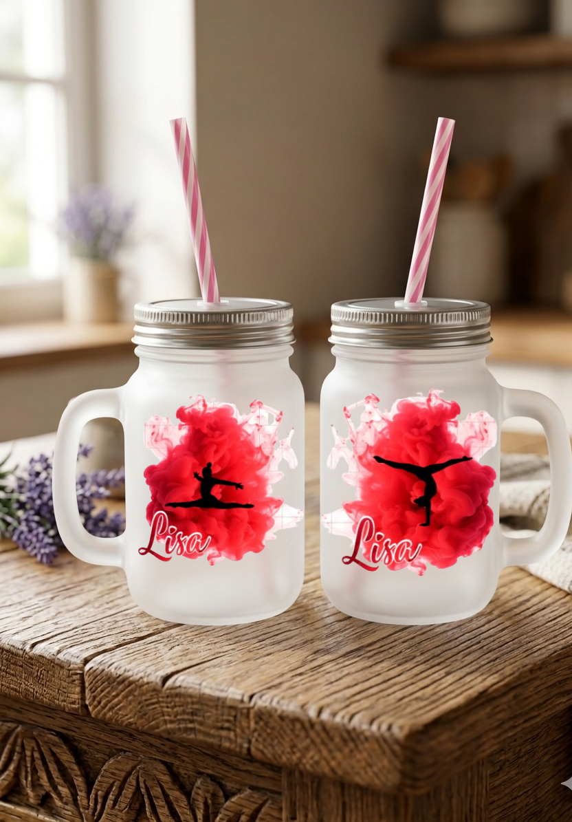 Trinkglas Turnerin mit Namen personalisiert, Turnen Geschenk Mädchen, Henkelglas Kunstturnen Strohhalm, Kinder Geburtstag Sport