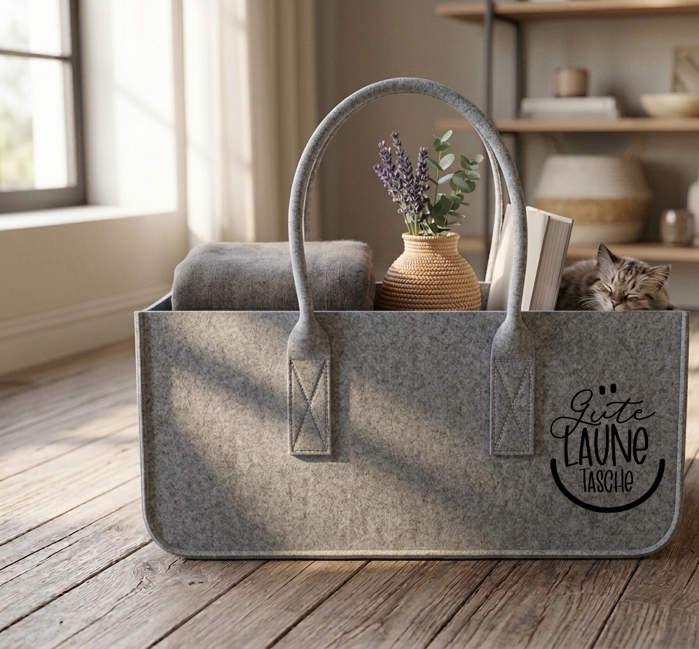Gute Laune Filztasche Filzkorb Tasche mit Spruch Kaminholzkorb Aufbewahrung Korb Geschenk Frauen Zeitschriftenkorb Einkaufstasche