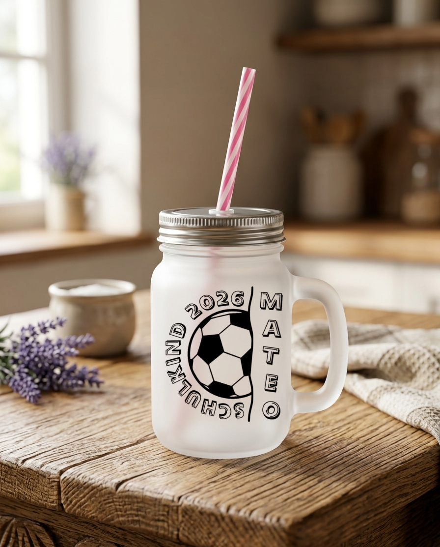 Trinkglas Strohhalm Schulkind 2026 Fußball Name Geschenk Einschulung