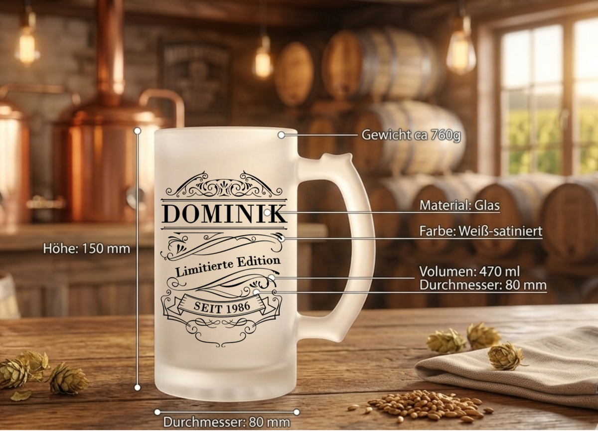 Bierkrug personalisiert mit Name&Jahr Beidseitig Bierglas satiniert Gravur Optik Geschenk Geburtstag Männer Frauen Geschenkidee EST Jahrgang