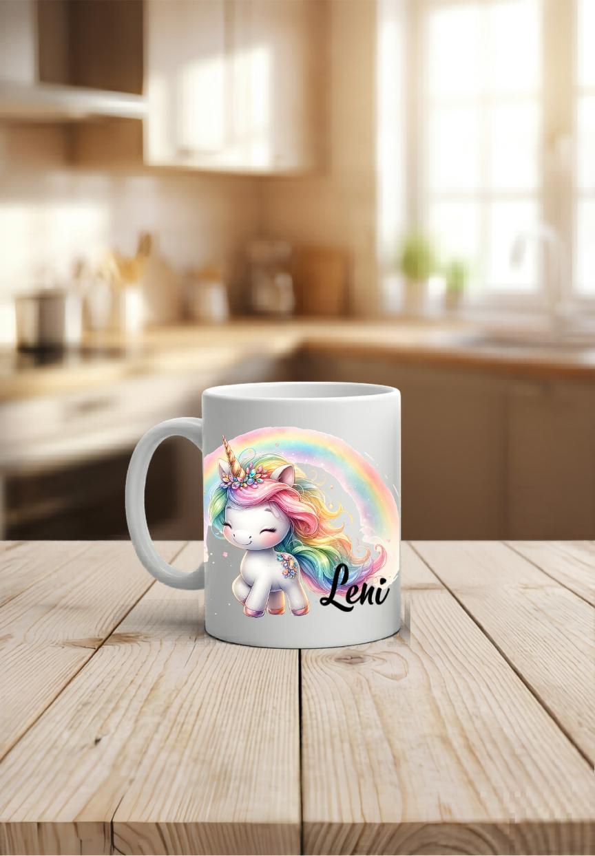 Kindergeburtstag Tasse Name, Einhorn Tasse personalisiert, Geschenk Einschulung Tochter, Keramiktasse Regenbogen, Kaffeebecher Kinder