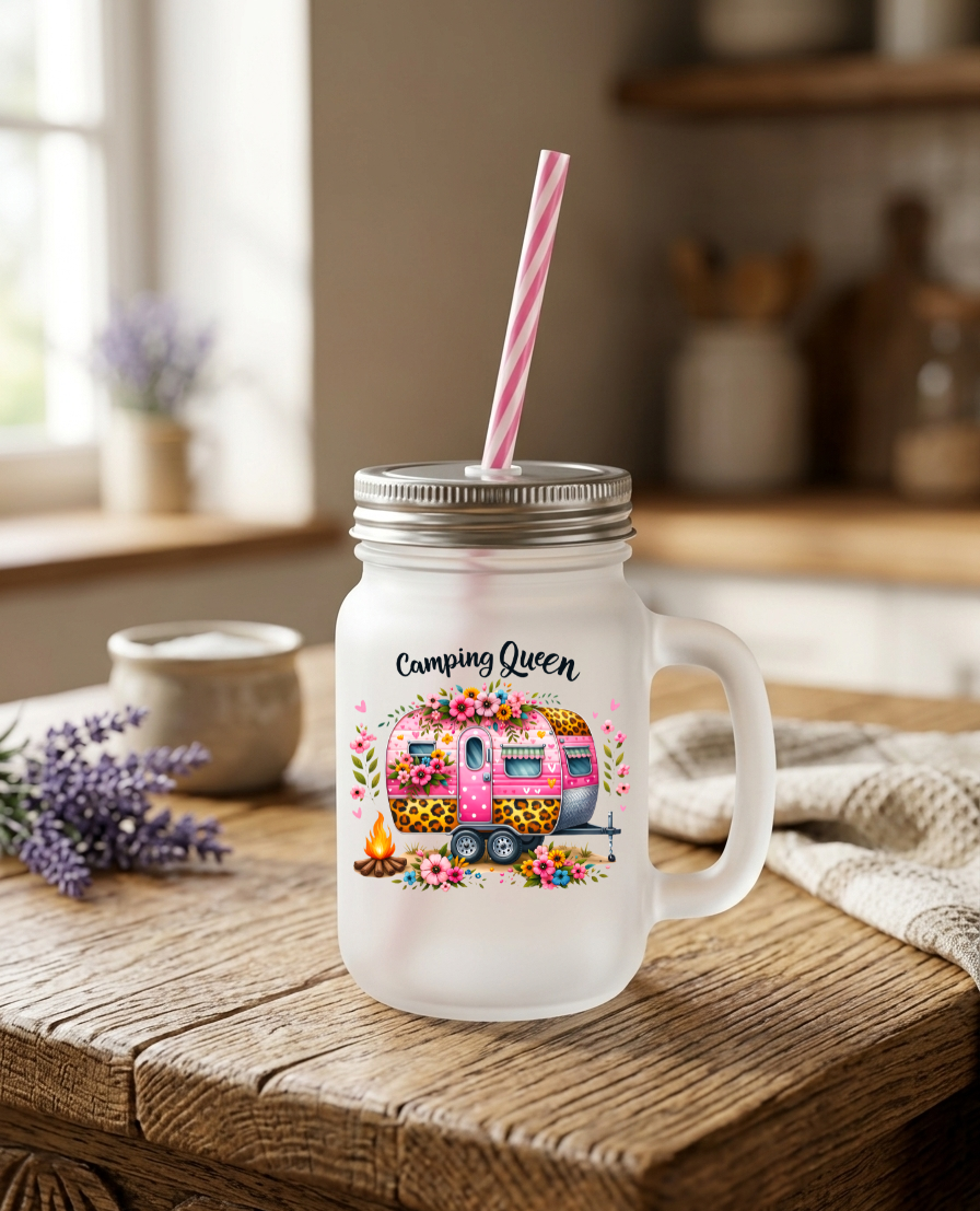 Trinkglas mit Deckel personalisiert, Camping Queen Becher, Geschenk beste Freundin Camper, Wohnwagen Deko, Henkelglas Mattglas Sommer