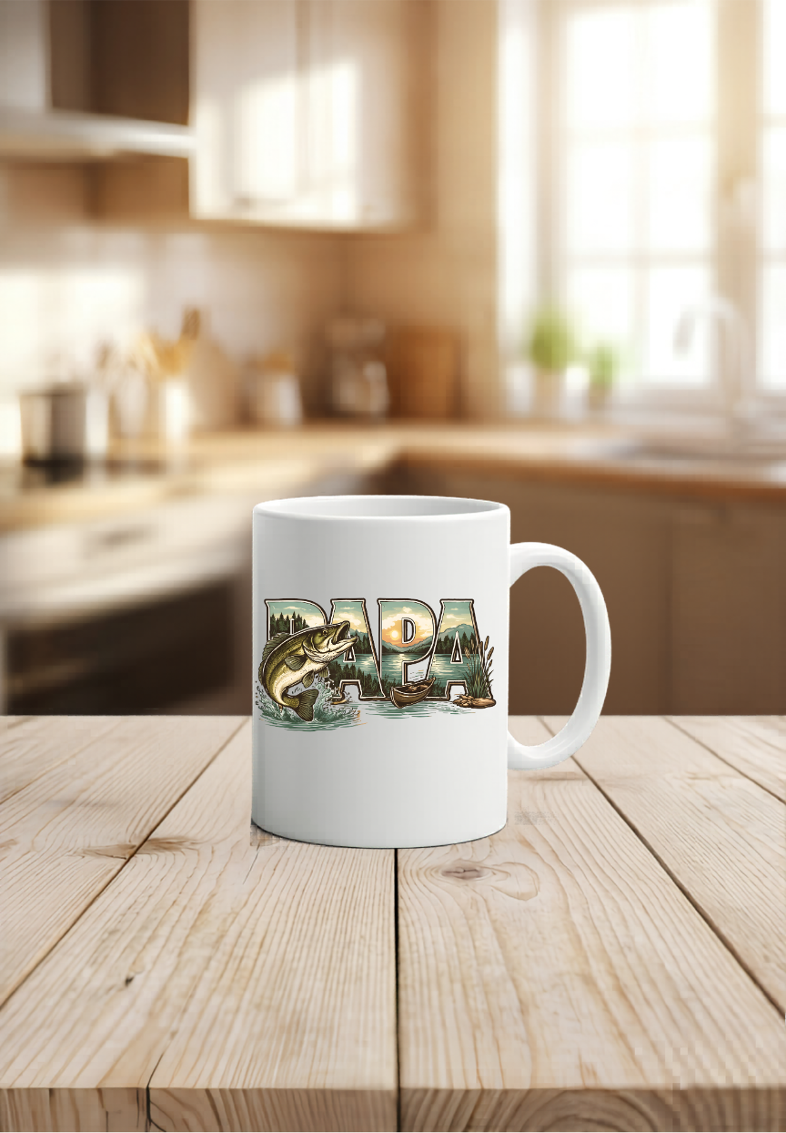 Tasse PAPA Angler Geschenk, Kaffeetasse Angeln Vater Vatertag, Becher Fischer Schwarz Weiß, Geschenkidee Papa Geburtstag