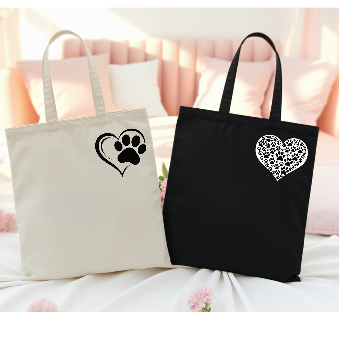 Hundepfote Herz Stofftasche, Jutebeutel Hundemotiv Geschenk, Baumwolltasche Pfotenliebe, Hundebesitzer Tasche schwarz weiß natural