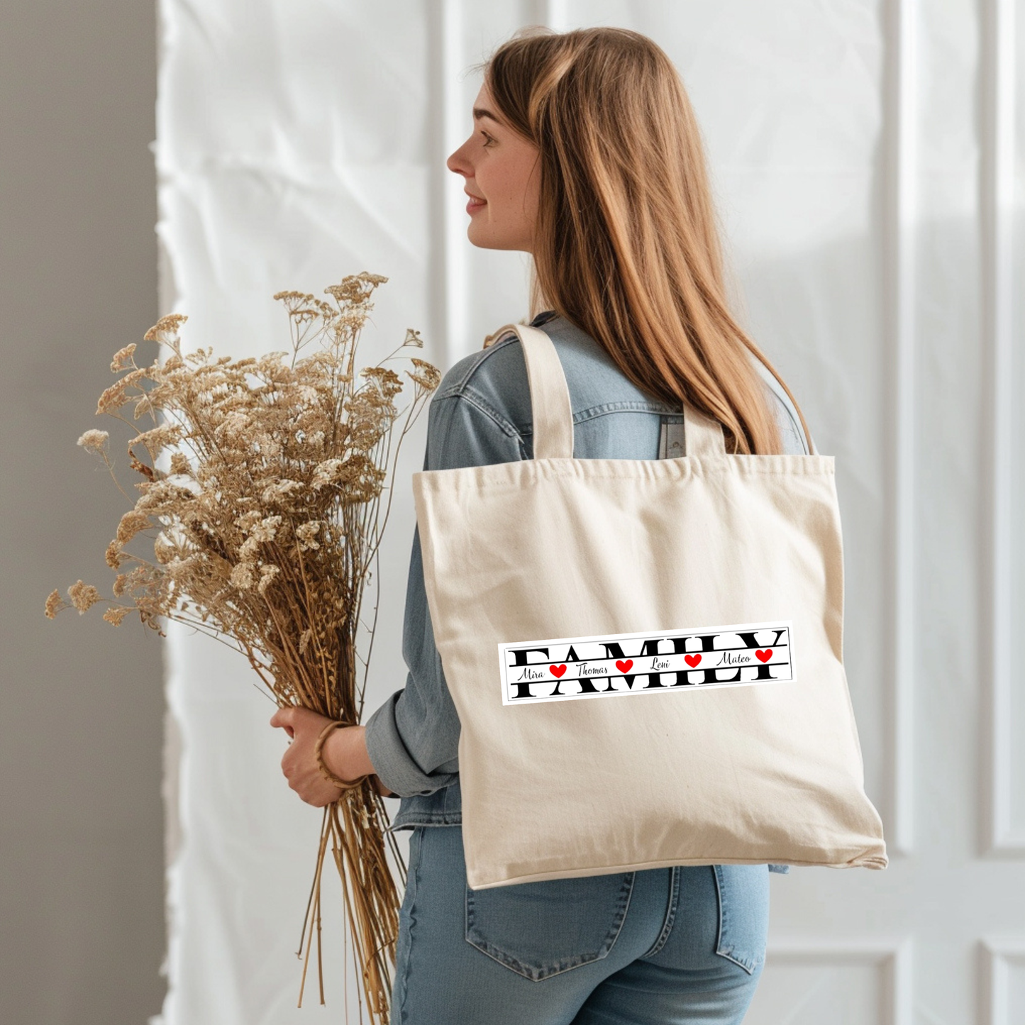 Jutebeutel Familie personalisiert Namen Herz, FAMILY Baumwolltasche Stoffbeutel schwarz weiß beige, Geschenk Muttertag, Stofftasche Geschenk