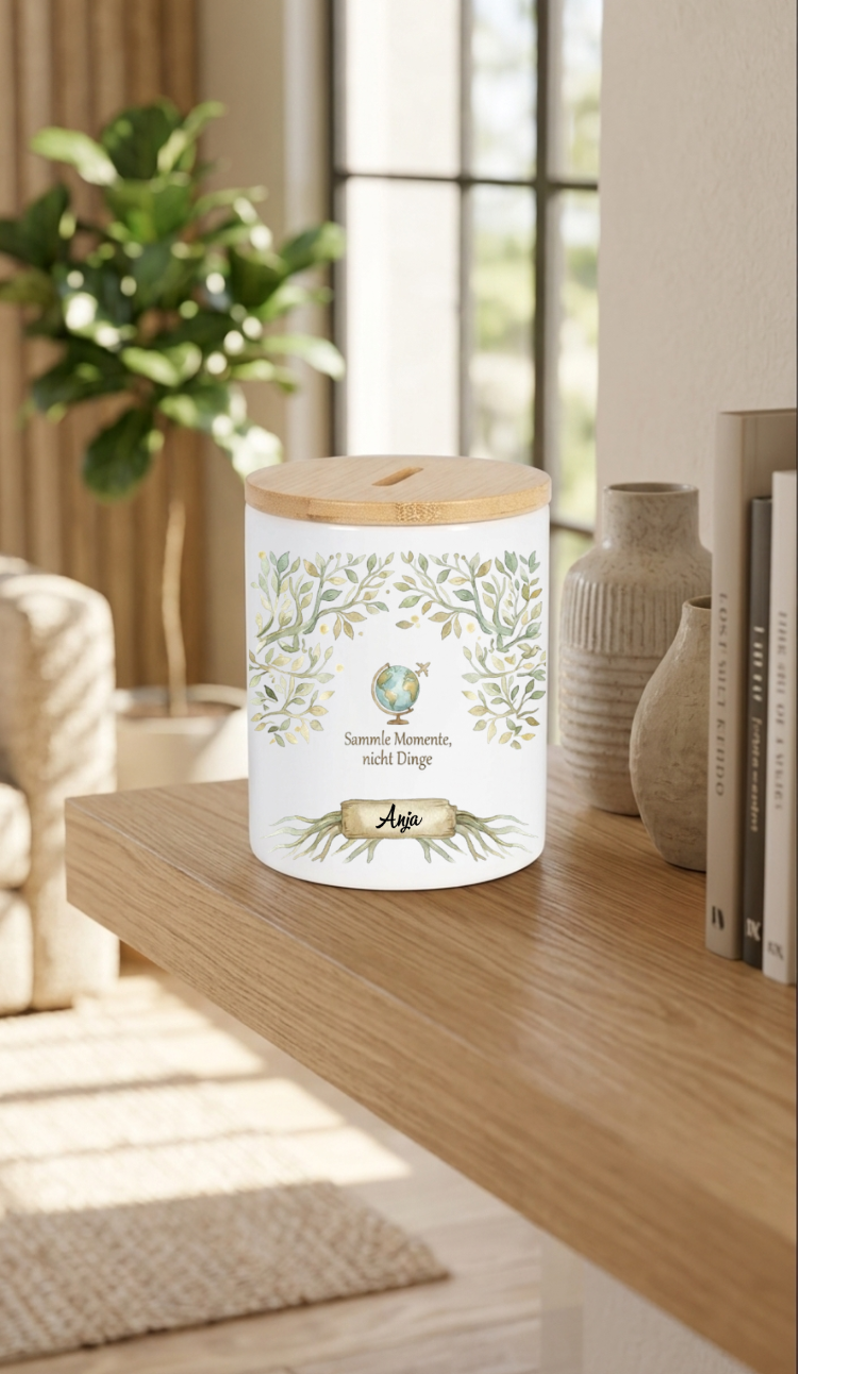 Spardose Keramik personalisiert mit Name Lebensbaum Geschenk Sparen Bambus