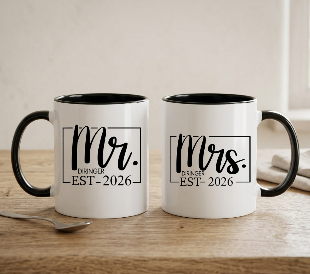 Mr und Mrs Tasse personalisiert Hochzeitsgeschenk Tassenset Partner Hochzeit Kaffeetasse mit Namen Datum schwarz weiß Geschenk für Paare