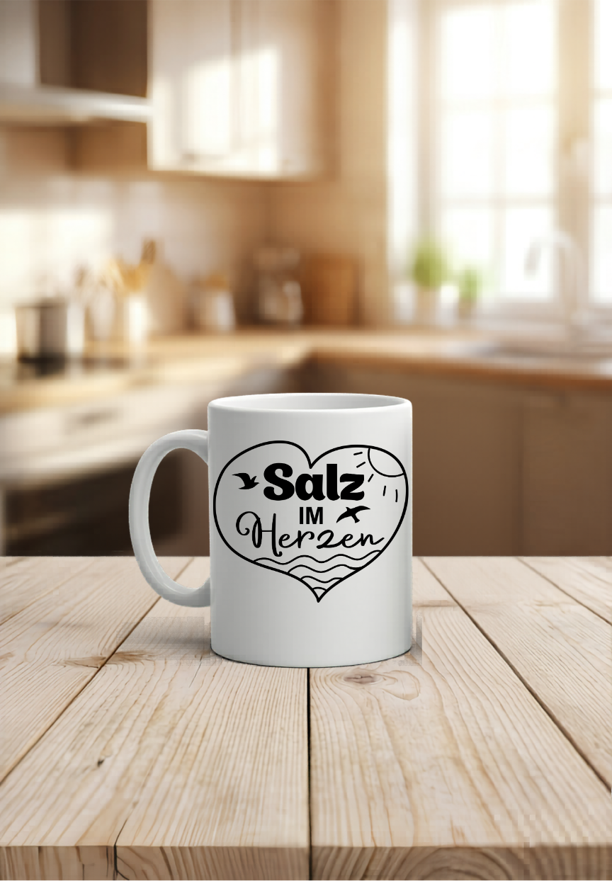 Maritime Tasse Salz im Herzen, Anker Becher personalisiert, Nordsee Ostsee Geschenk, Kaffeetasse Meer Küstenkind, Zuhause ist am Meer