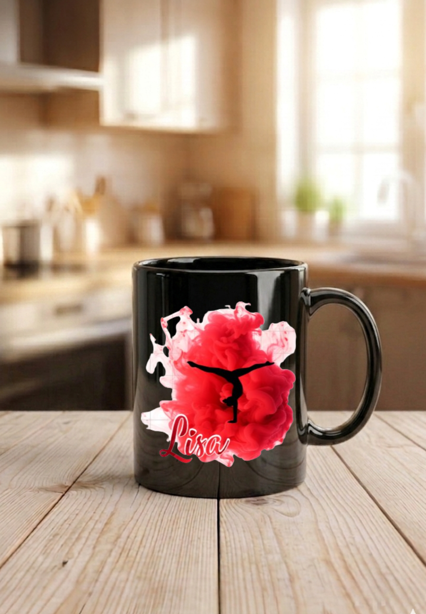 Tasse Turnerin personalisiert Name, Turnen Geschenk Mädchen, Kunstturnen Becher schwarz weiß bunt, Kinder Geburtstag Sportlerin