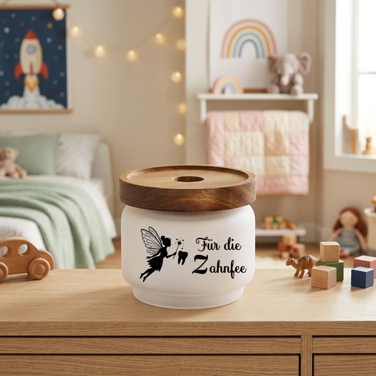 Zahndose Glas Holzdeckel personalisiert Name Zahnfee Dose Wackelzähne Milchzahndose Aufbewahrung Kinder Geschenk Wackelzahn 250ml