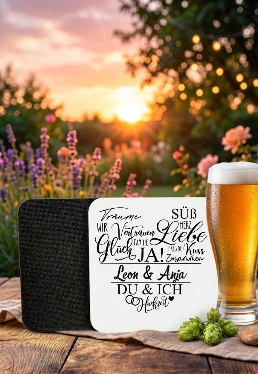 Untersetzer Hochzeit personalisiert Name Datum, Glasuntersetzer Hochzeitsgeschenk, Hochzeitsdeko Bierkrug Zubehör, Herz Motiv
