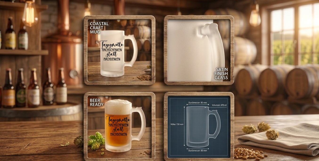 Bierkrug Glas satiniert, Nachschenken statt Nachdenken, Witziges Biergeschenk Papa, Hausbar Zubehör, Grillparty Mitbringsel, Bierhumpen