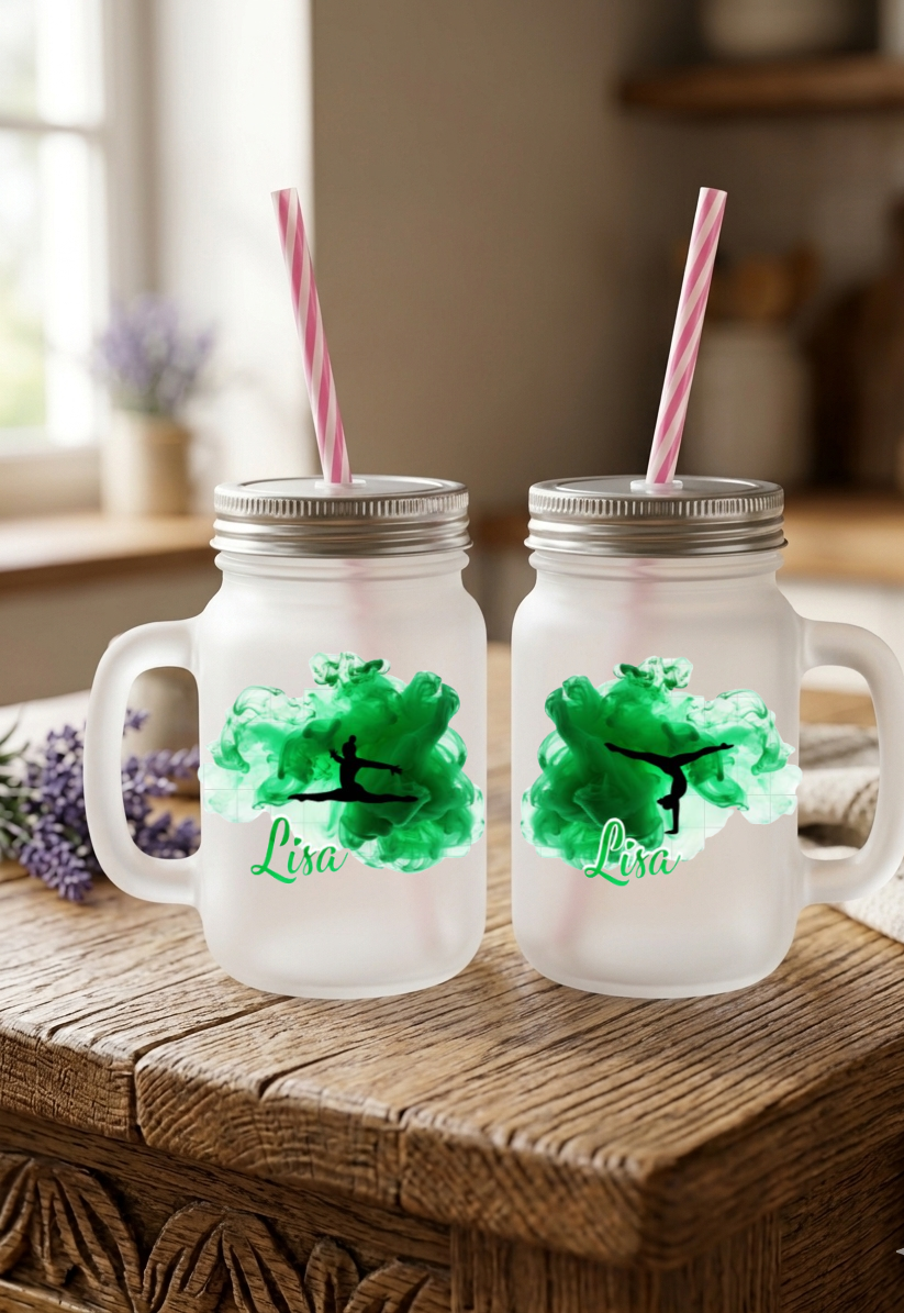 Trinkglas Turnerin mit Namen personalisiert, Turnen Geschenk Mädchen, Henkelglas Kunstturnen Strohhalm, Kinder Geburtstag Sport