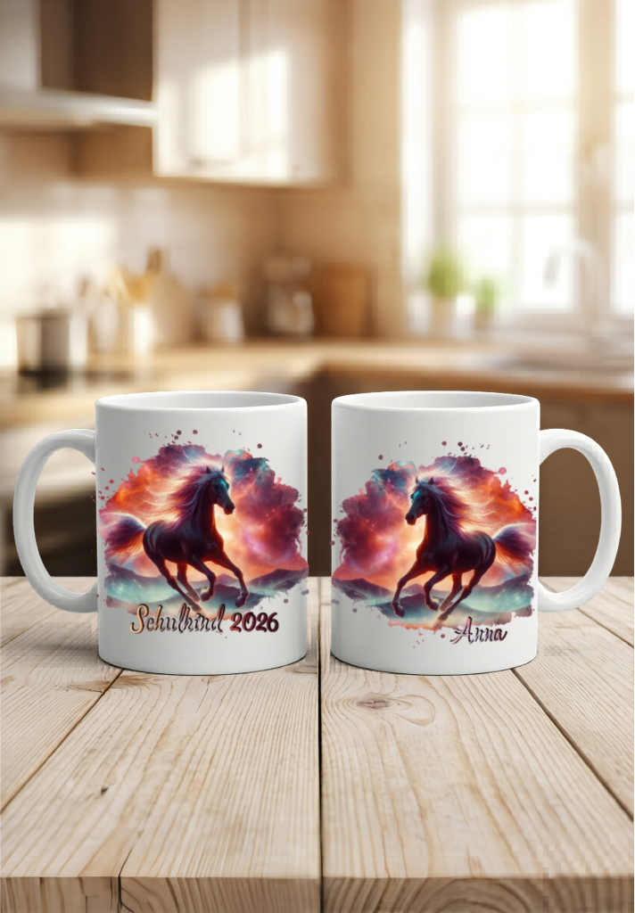 Tasse Einschulung Pferd mit Name Schulkind Tasse Mädchen Geschenke Schulstart Keramiktasse Schwarz Weiß Personalisierbar Geschenkidee