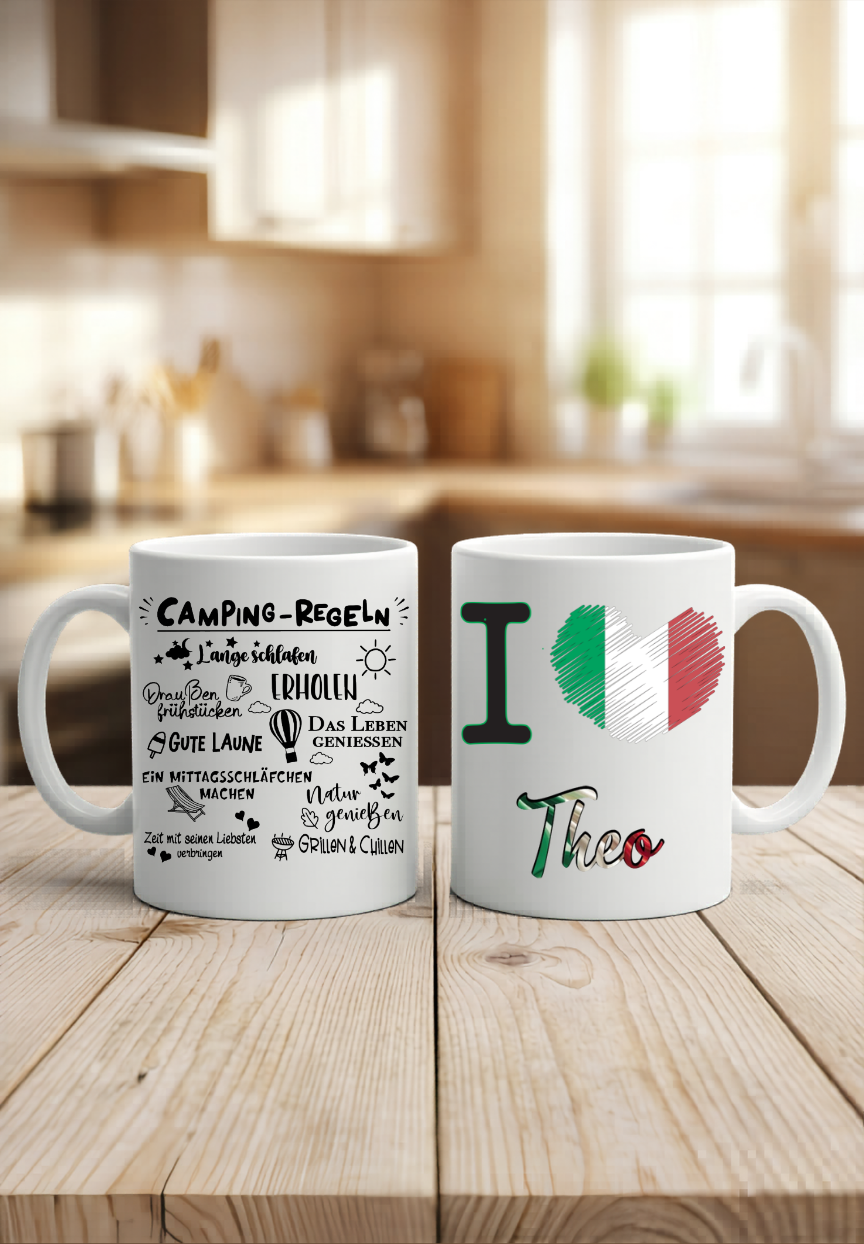 Camping Regeln Tasse personalisiert, Geschenk Camper, Wohnmobil Kaffeetasse, Italien Urlaub Becher mit Namen, Campingplatz Deko Keramik