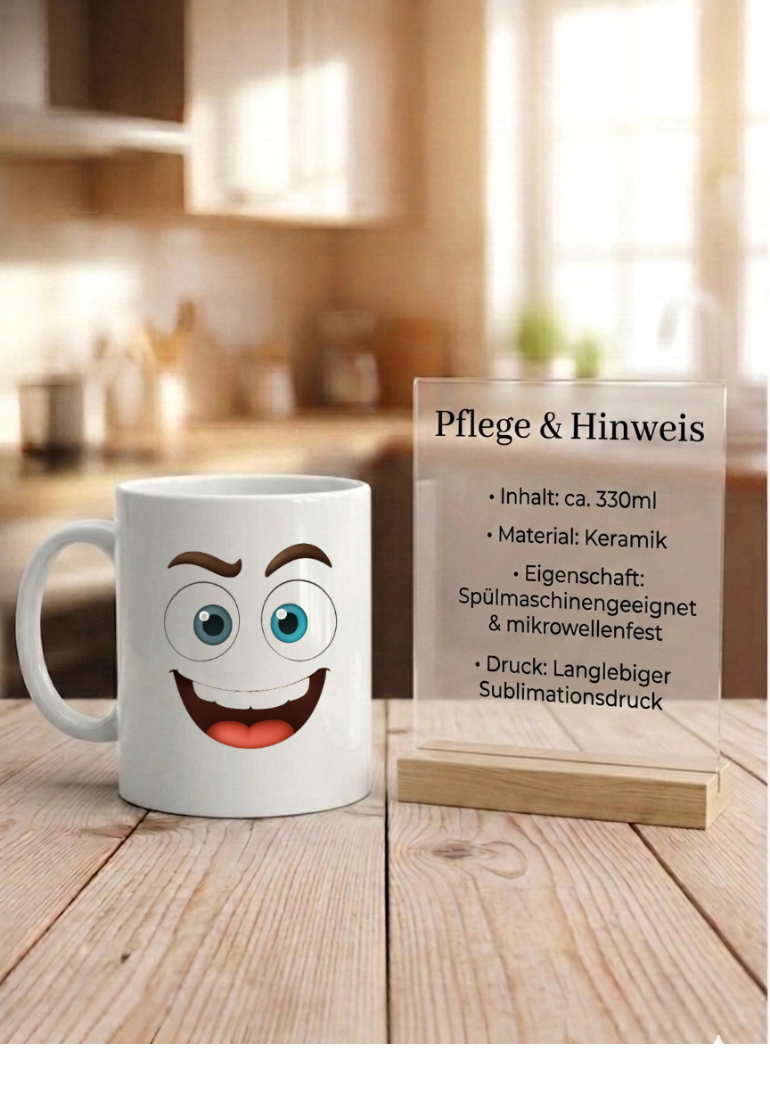 Stimmungstasse Emoji personalisiert, Gefühlstasse Kinder Keramik, Lustige Büro Tasse Emotionen, Kaffeetasse Gesicht weiß 6 Motive