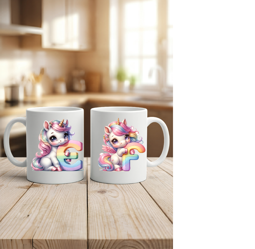 Einhorn Tasse personalisiert Buchstabe A-Z, Kinderbecher Initiale, Kaffeetasse hochglanz weiß schwarz, Geschenk Mädchen Geburtstag