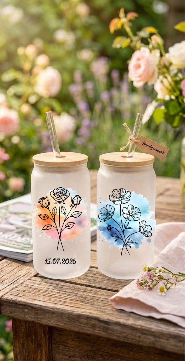 Trinkglas mit Strohhalm Geburtsblume Personalisierbar Glas Tumbler Geschenk mit Name Datum Aquarell Bambusdeckel