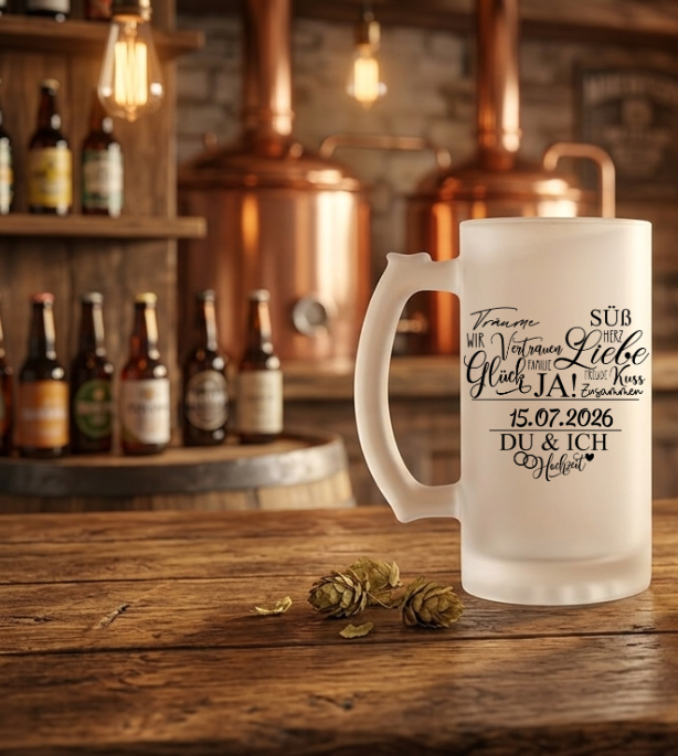Bierkrug Hochzeit personalisiert Name Datum, Hochzeitsgeschenk Bierglas satiniert, Geschenk Ehepaar Brautpaar, Bierdeckel Herz