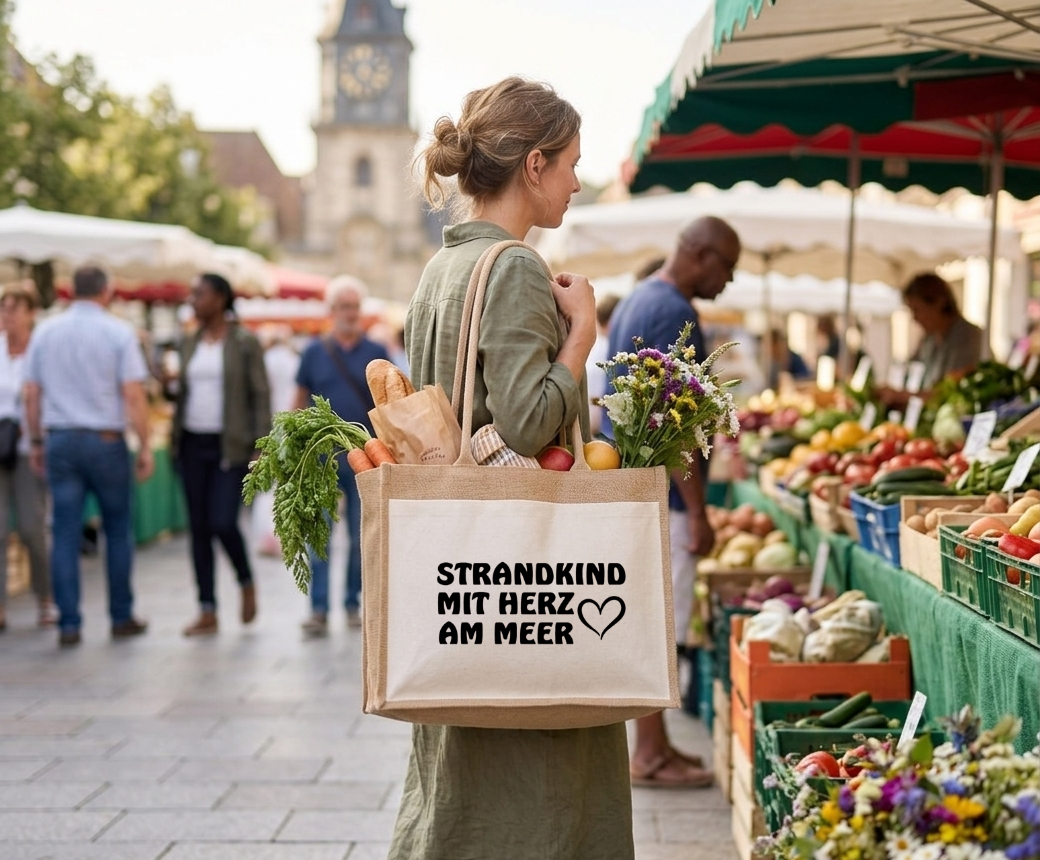 Jutetasche Strandkind mit Herz am Meer Strandtasche Shopper Geschenk