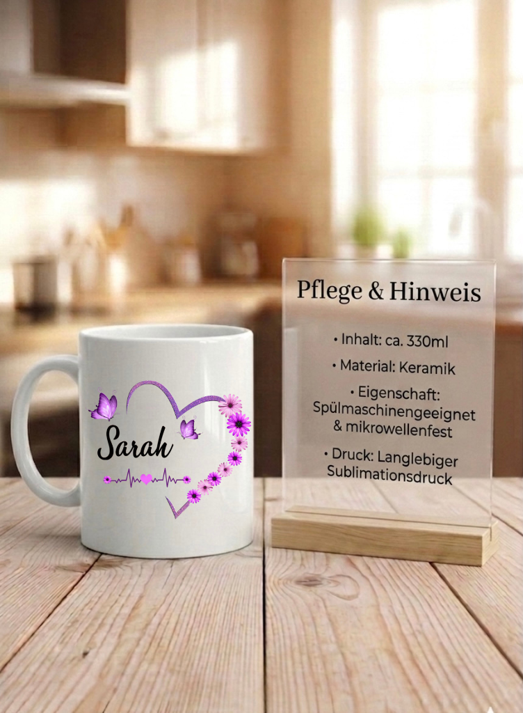 Personalisiere Tasse mit Name Herz Schmetterling Geschenk Frauen