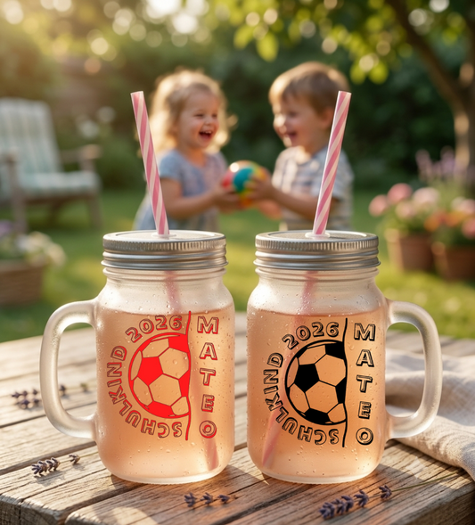 Trinkglas Strohhalm Schulkind 2026 Fußball Name Geschenk Einschulung