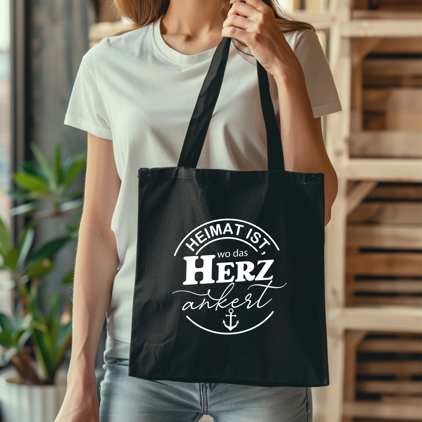 Baumwolltasche Heimat ist wo das Herz ankert, Stoffbeutel Maritim Anker Geschenk, Jutebeutel Strand Schwarz Natural