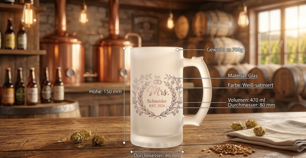 Hochzeitsgeschenk Bierglas Name Jahr, Satiniertes Glas Mr Mrs, Geschenk Brautpaar, Bierkrug Hochzeit