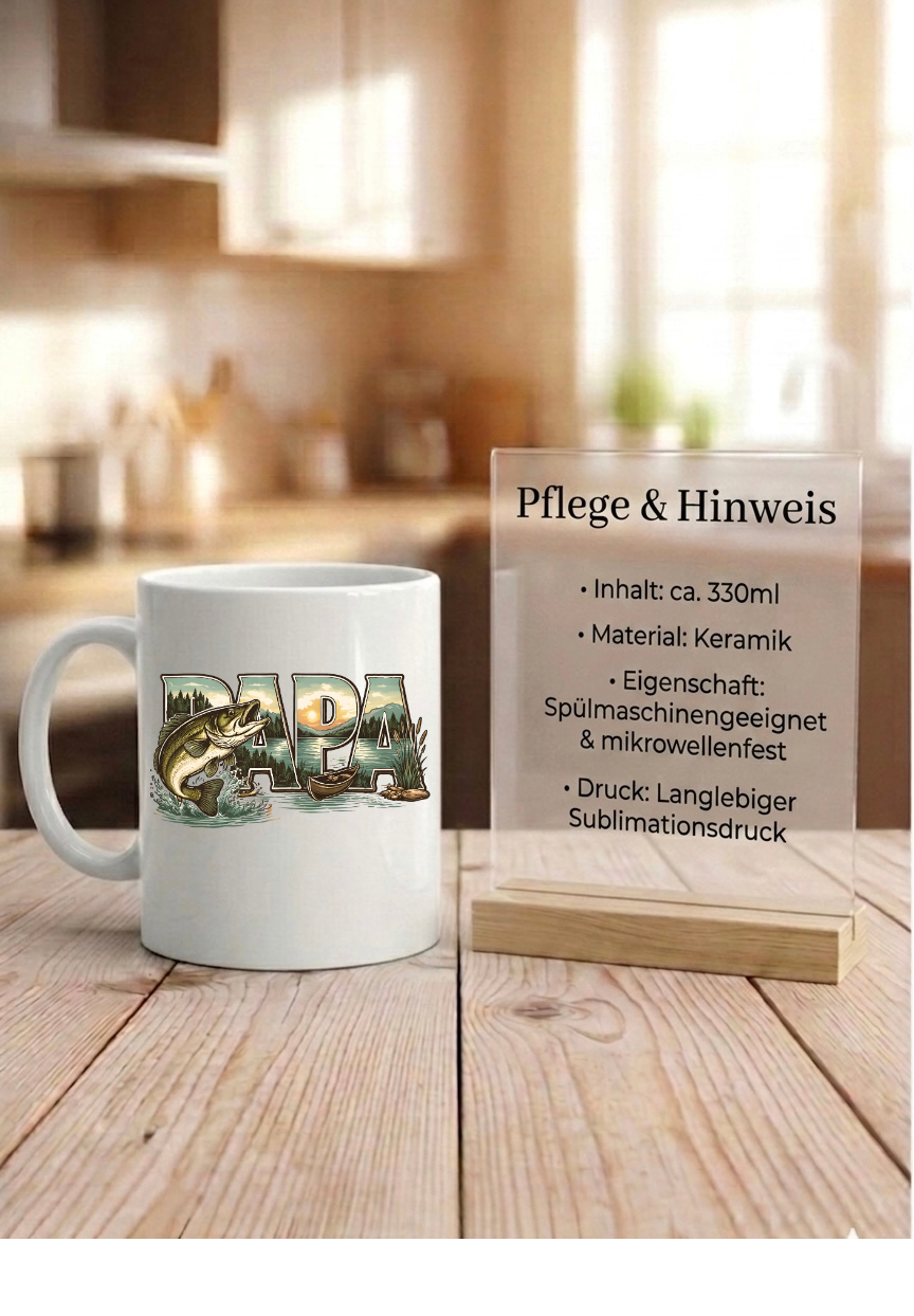 Tasse PAPA Angler Geschenk, Kaffeetasse Angeln Vater Vatertag, Becher Fischer Schwarz Weiß, Geschenkidee Papa Geburtstag