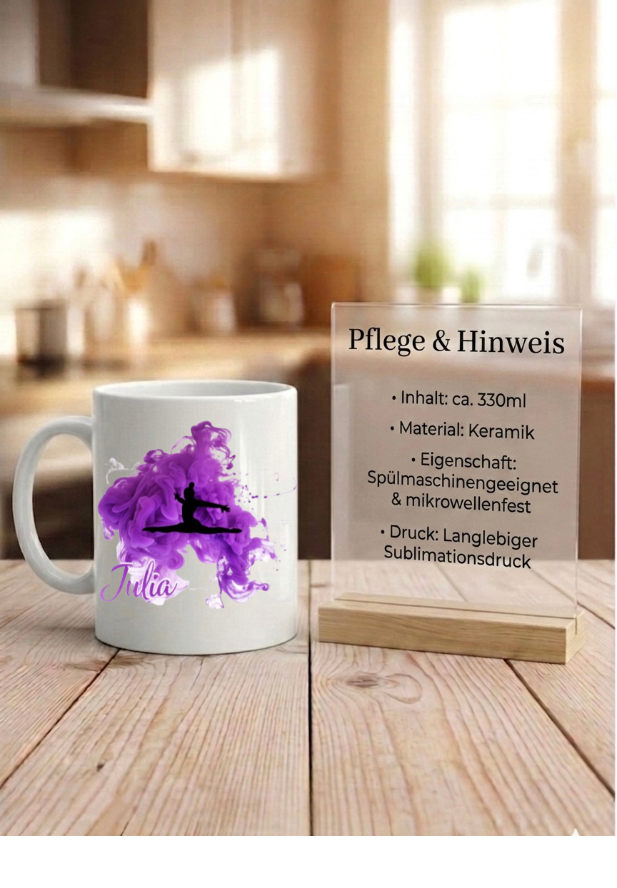 Tasse Turnerin personalisiert Name, Turnen Geschenk Mädchen, Kunstturnen Becher schwarz weiß bunt, Kinder Geburtstag Sportlerin