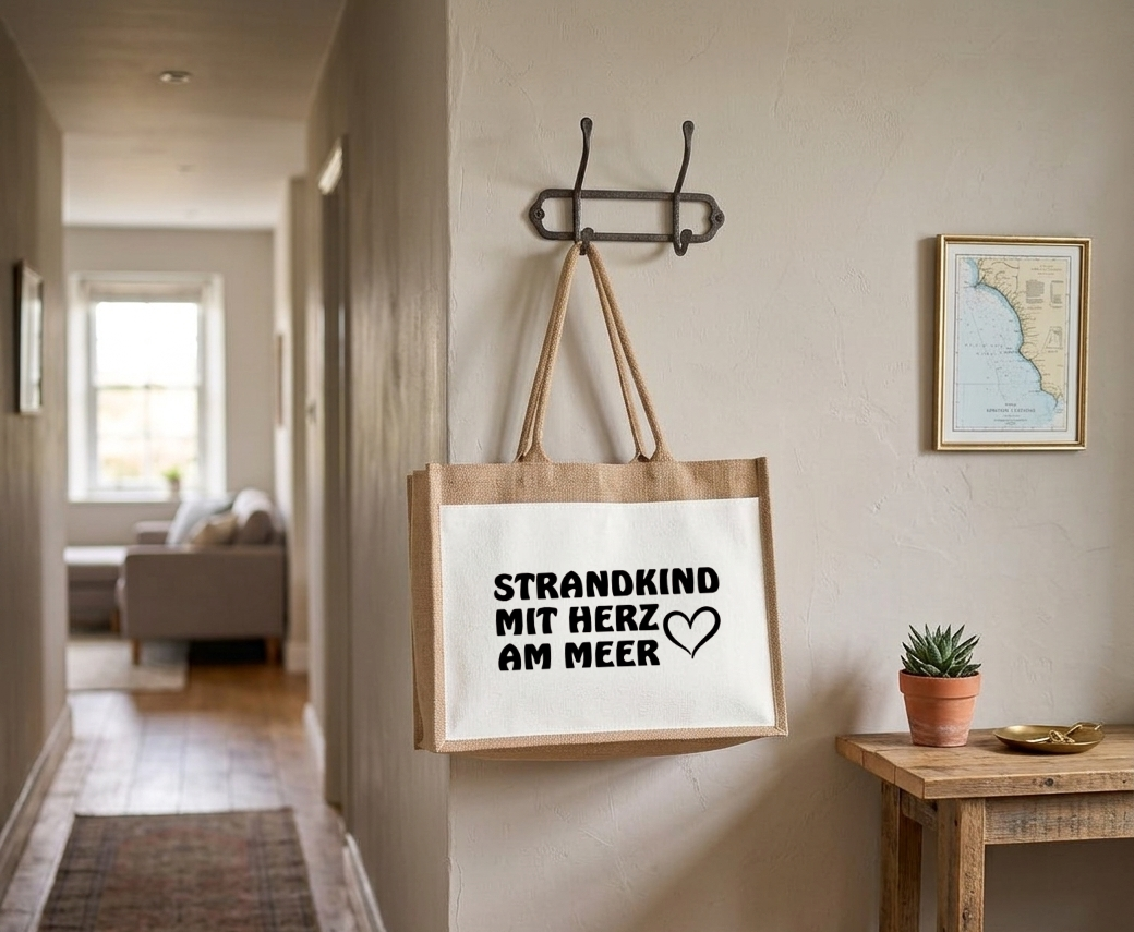 Jutetasche Strandkind mit Herz am Meer Strandtasche Shopper Geschenk