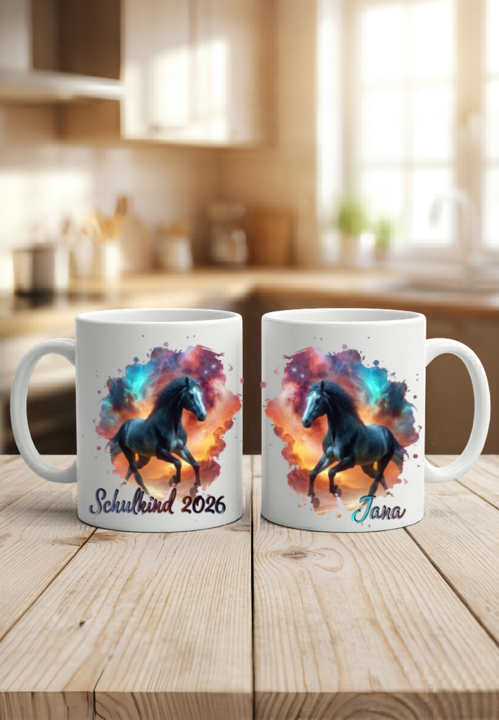 Tasse Einschulung Pferd mit Name Schulkind Tasse Mädchen Geschenke Schulstart Keramiktasse Schwarz Weiß Personalisierbar Geschenkidee