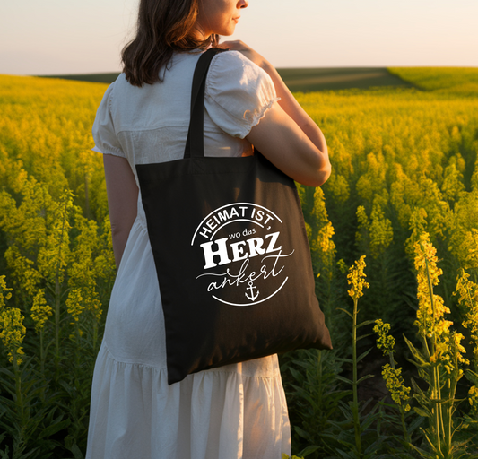 Baumwolltasche Heimat ist wo das Herz ankert, Stoffbeutel Maritim Anker Geschenk, Jutebeutel Strand Schwarz Natural