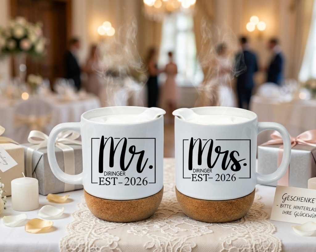 Korktasse Hochzeit Mr Mrs personalisiert Geschenk Brautpaar Kaffeetasse mit Kork Name Datum Hochzeitsgeschenk Tasse Partner Vintage