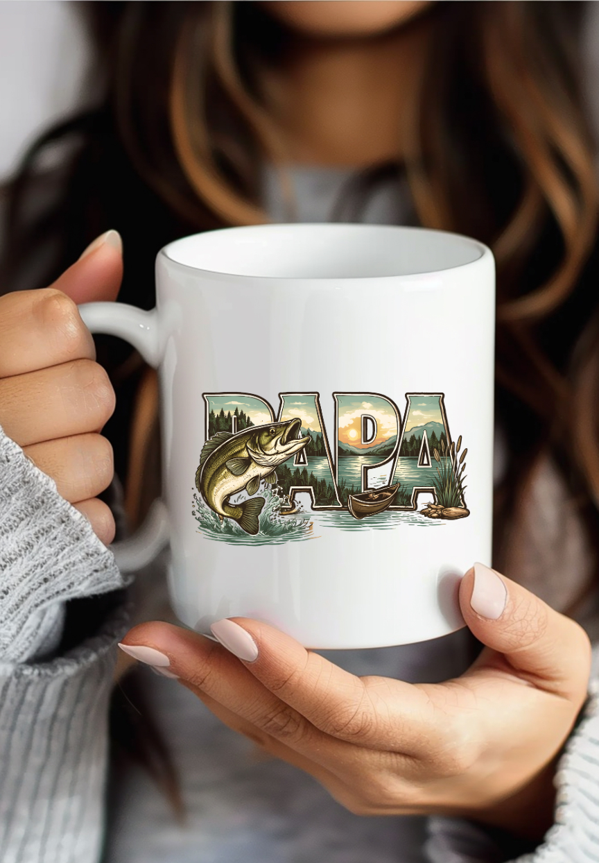 Tasse PAPA Angler Geschenk, Kaffeetasse Angeln Vater Vatertag, Becher Fischer Schwarz Weiß, Geschenkidee Papa Geburtstag