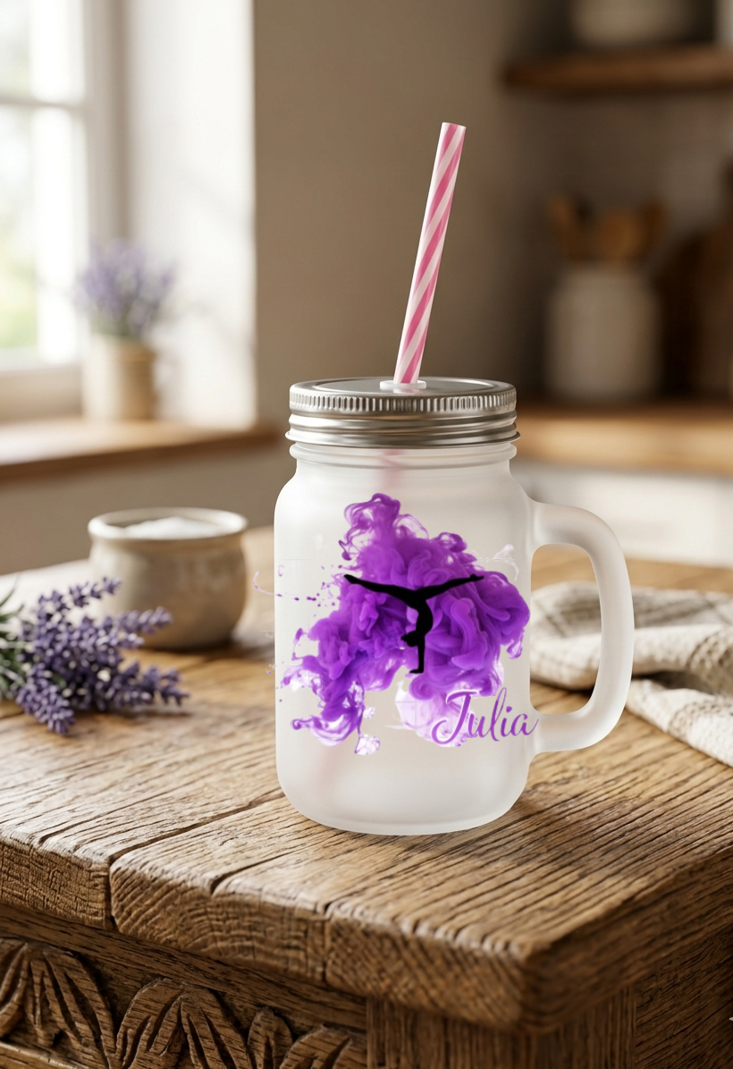 Trinkglas Turnerin mit Namen personalisiert, Turnen Geschenk Mädchen, Henkelglas Kunstturnen Strohhalm, Kinder Geburtstag Sport