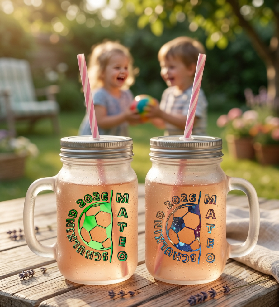 Trinkglas Strohhalm Schulkind 2026 Fußball Name Geschenk Einschulung