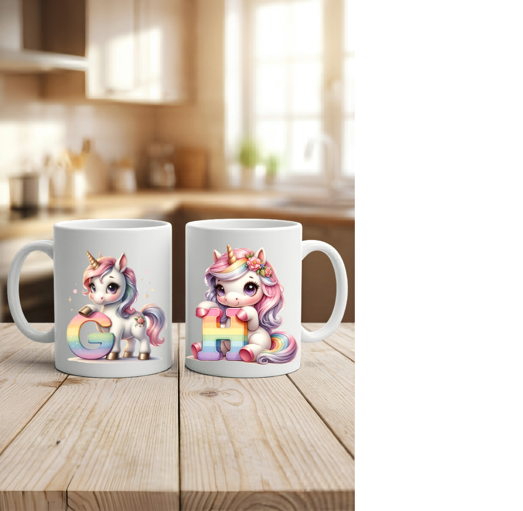 Einhorn Tasse personalisiert Buchstabe A-Z, Kinderbecher Initiale, Kaffeetasse hochglanz weiß schwarz, Geschenk Mädchen Geburtstag