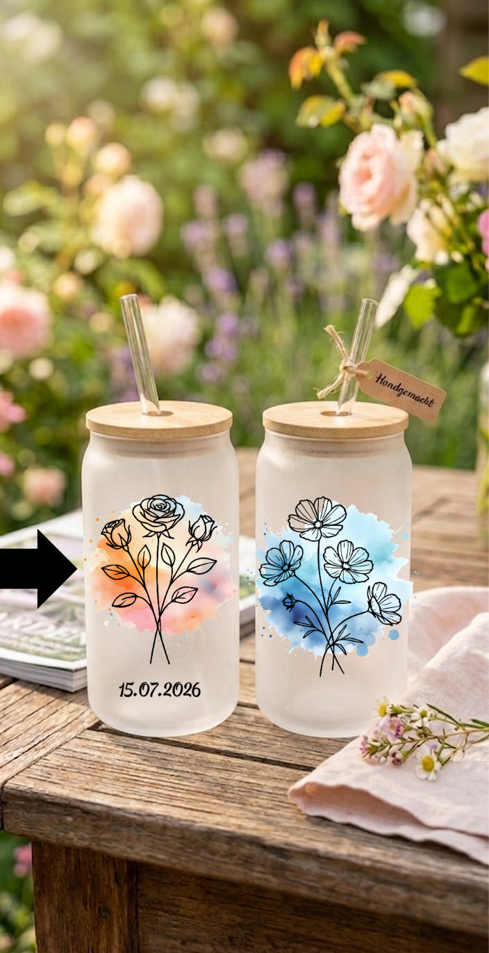 Trinkglas mit Strohhalm Geburtsblume Personalisierbar Glas Tumbler Geschenk mit Name Datum Aquarell Bambusdeckel