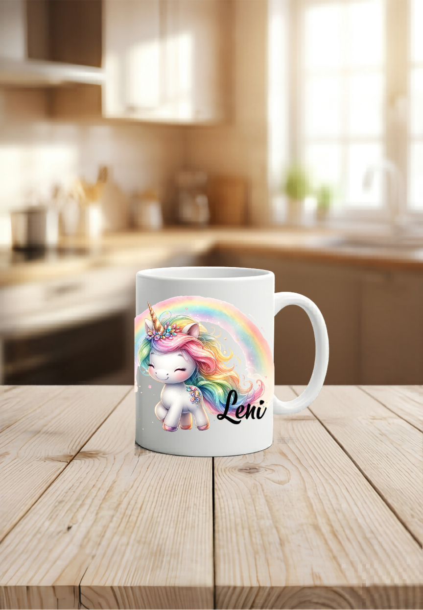 Kindergeburtstag Tasse Name, Einhorn Tasse personalisiert, Geschenk Einschulung Tochter, Keramiktasse Regenbogen, Kaffeebecher Kinder
