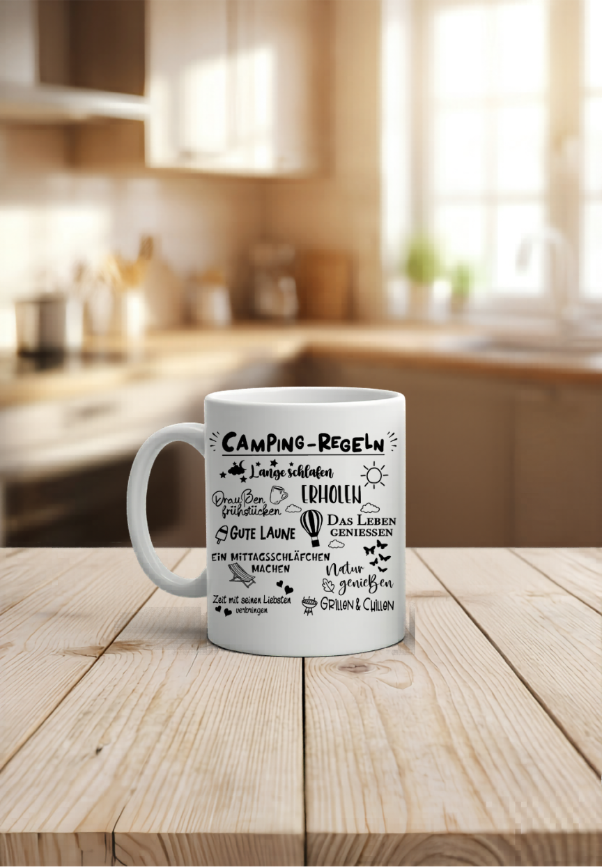 Camping Regeln Tasse personalisiert, Geschenk Camper, Wohnmobil Kaffeetasse, Italien Urlaub Becher mit Namen, Campingplatz Deko Keramik