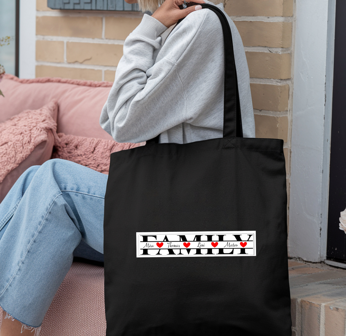 Jutebeutel Familie personalisiert Namen Herz, FAMILY Baumwolltasche Stoffbeutel schwarz weiß beige, Geschenk Muttertag, Stofftasche Geschenk