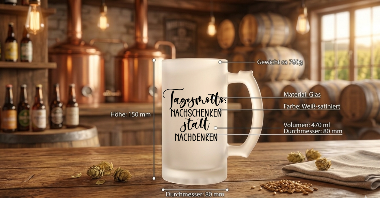 Bierkrug Glas satiniert, Nachschenken statt Nachdenken, Witziges Biergeschenk Papa, Hausbar Zubehör, Grillparty Mitbringsel, Bierhumpen