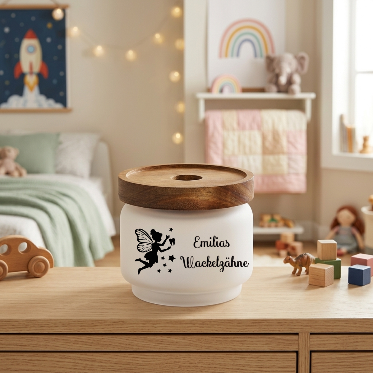 Zahndose Glas Holzdeckel personalisiert Name Zahnfee Dose Wackelzähne Milchzahndose Aufbewahrung Kinder Geschenk Wackelzahn 250ml