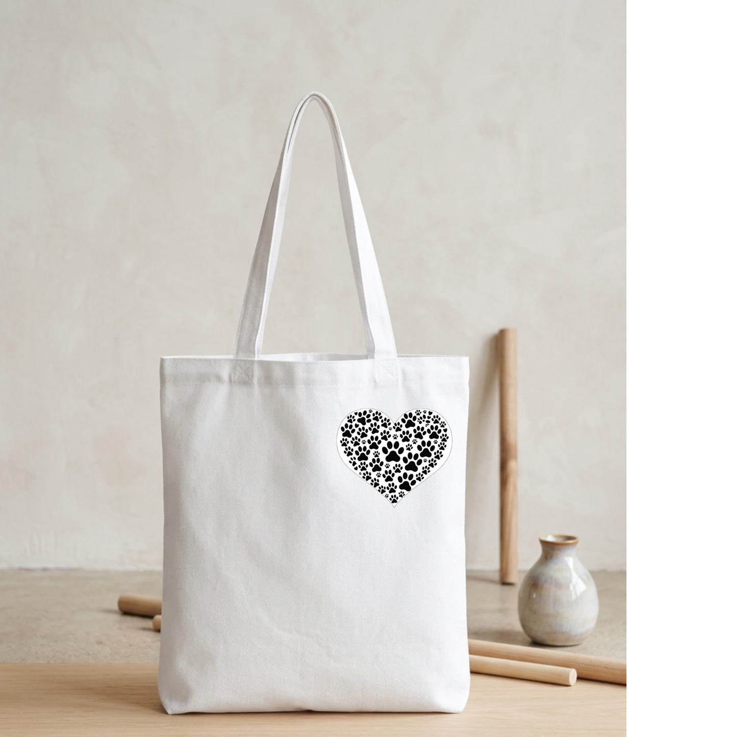 Hundepfote Herz Stofftasche, Jutebeutel Hundemotiv Geschenk, Baumwolltasche Pfotenliebe, Hundebesitzer Tasche schwarz weiß natural