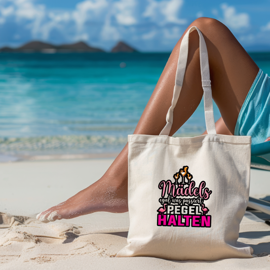Mädels Pegel halten Stofftasche, Jutebeutel Mädelsurlaub Lustig, Baumwolltasche JGA Team Braut, Mallorca Strandtasche Geschenk