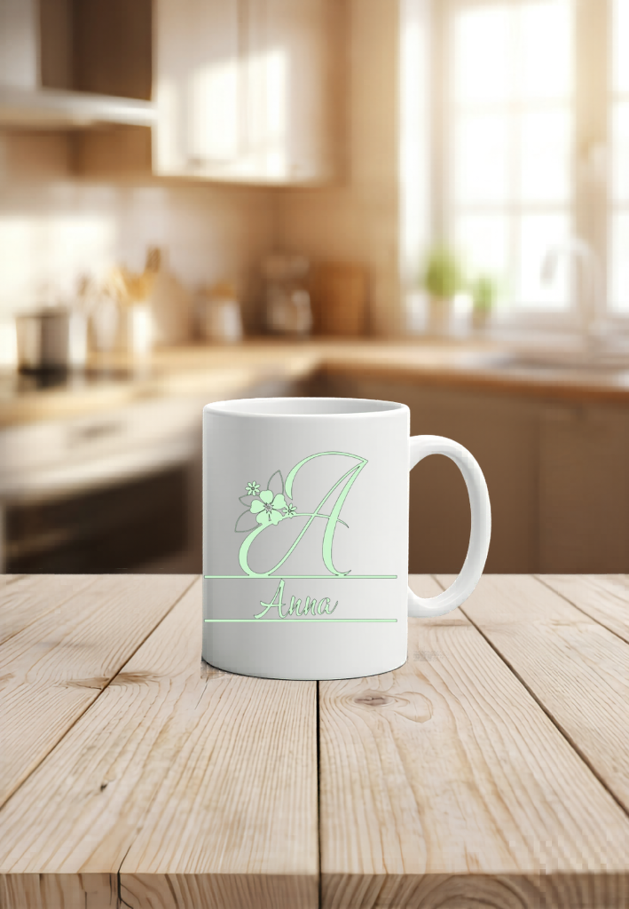 Tasse mit Buchstabe personalisiert Name, Florales Monogramm Becher, Kaffeetasse weiß schwarz hochglanz, Geschenk Frauen Geburtstag