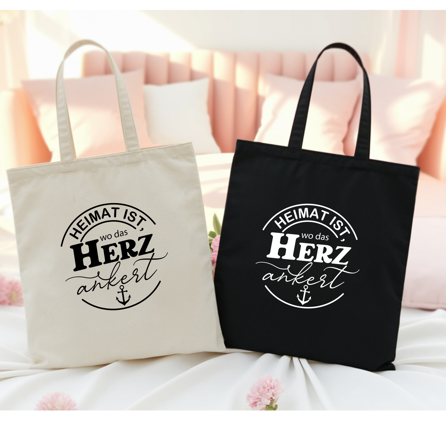 Baumwolltasche Heimat ist wo das Herz ankert, Stoffbeutel Maritim Anker Geschenk, Jutebeutel Strand Schwarz Natural