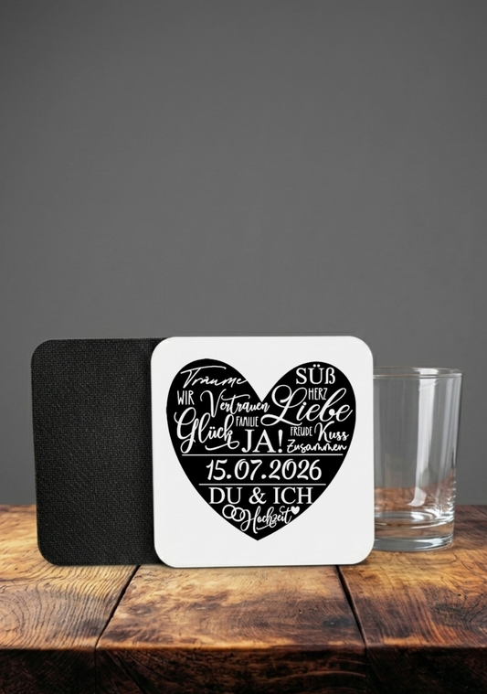 Untersetzer Hochzeit personalisiert Name Datum, Glasuntersetzer Hochzeitsgeschenk, Hochzeitsdeko Bierkrug Zubehör, Herz Motiv