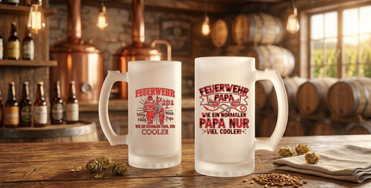 Bierkrug Glas satiniert Feuerwehr, Geschenk für Papa Geburtstag, Ehrenamt Feuerwehr Mann, Lustiges Biergeschenk, Humpen mit Spruch,Feuerwehr